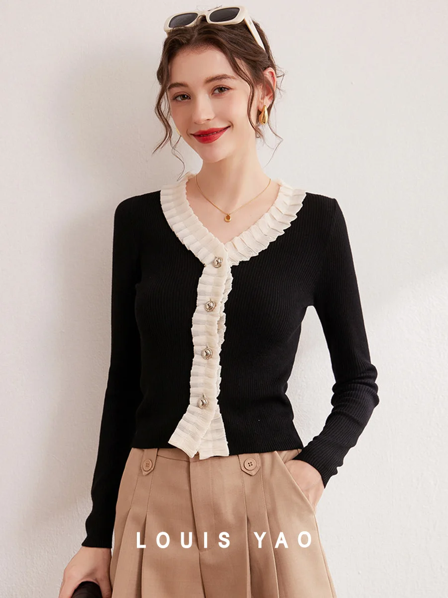 

LOUIS YAO 2024 Autumn Contrasting Color Splicing V-neck Cardigan Elegant Slim Fit Slightly Elastic Women's Knitted Sweater