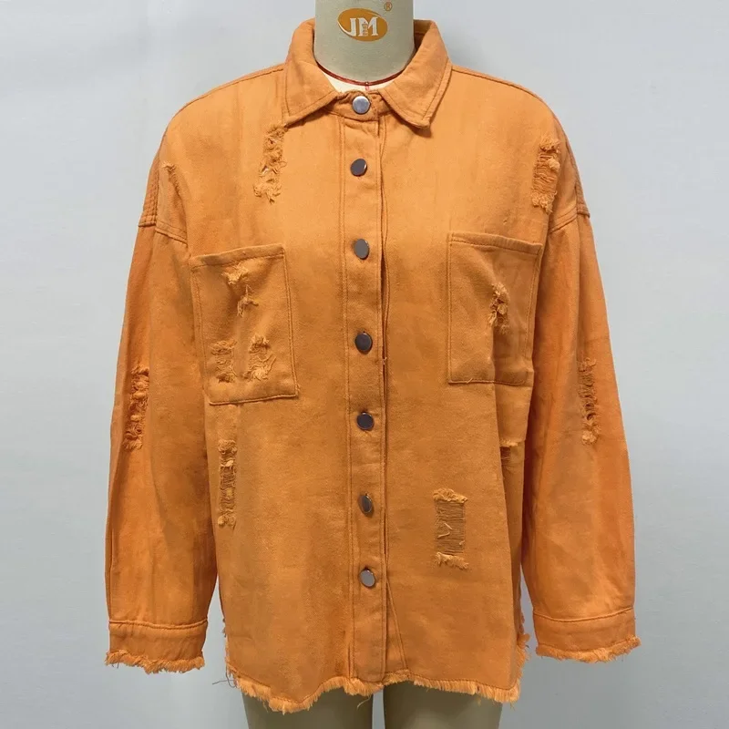 Women Fashion Ripped Denim Jacket Turn Down Collar Long Sleeve Tops Single Breasted Tassels Coat Loose Shirts & Blouses Outwear