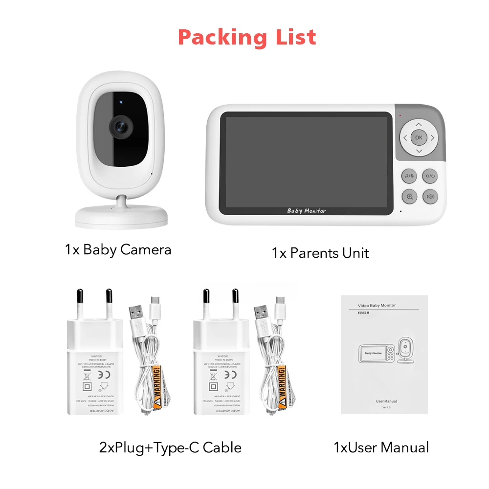 Videocamera per baby monitor da 5,0 pollici 720P Zoom digitale 3X Audio bidirezionale Visione notturna automatica Telecamera di sicurezza con trasmissione 300M VB618