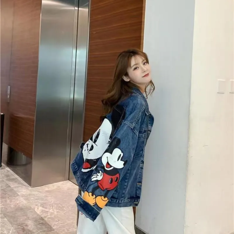 Cartoon Clothing Mickey Printed Denim Jacket Women\'s Spring And Autumn Loose Preppy Style Large Size Jacket Cartoon Casual Top