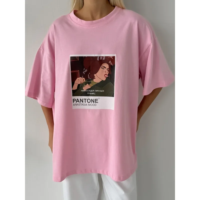Sweet Pink Funny Anime Cartoon Print T Shirts for Women Loose Oversize Streetwear Unique INS Summer Tee Top Casual Niche Clothes