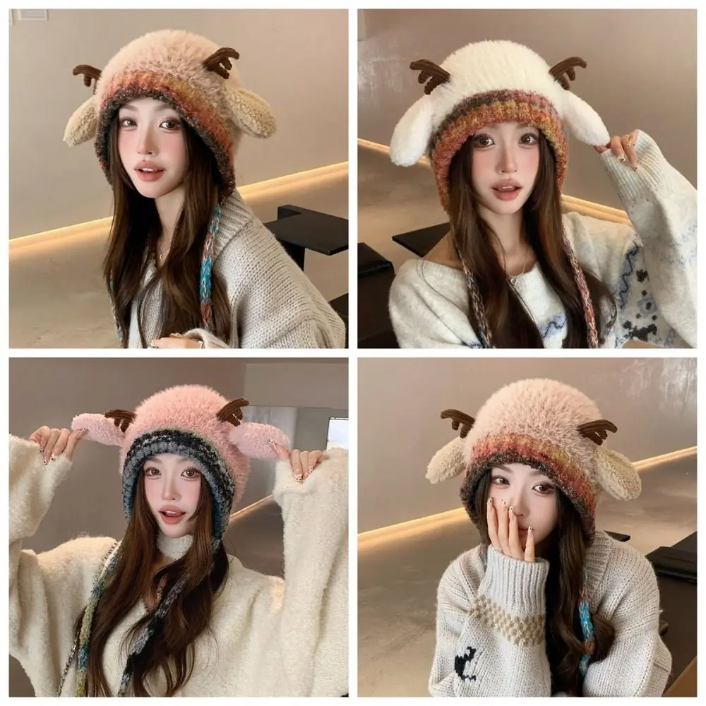 New Fur Deer Storage Hat Windproof Warm Knitted Deer Antler Hat Ear Protection Adjustable Festival Christmas Antler Hat Outdoor