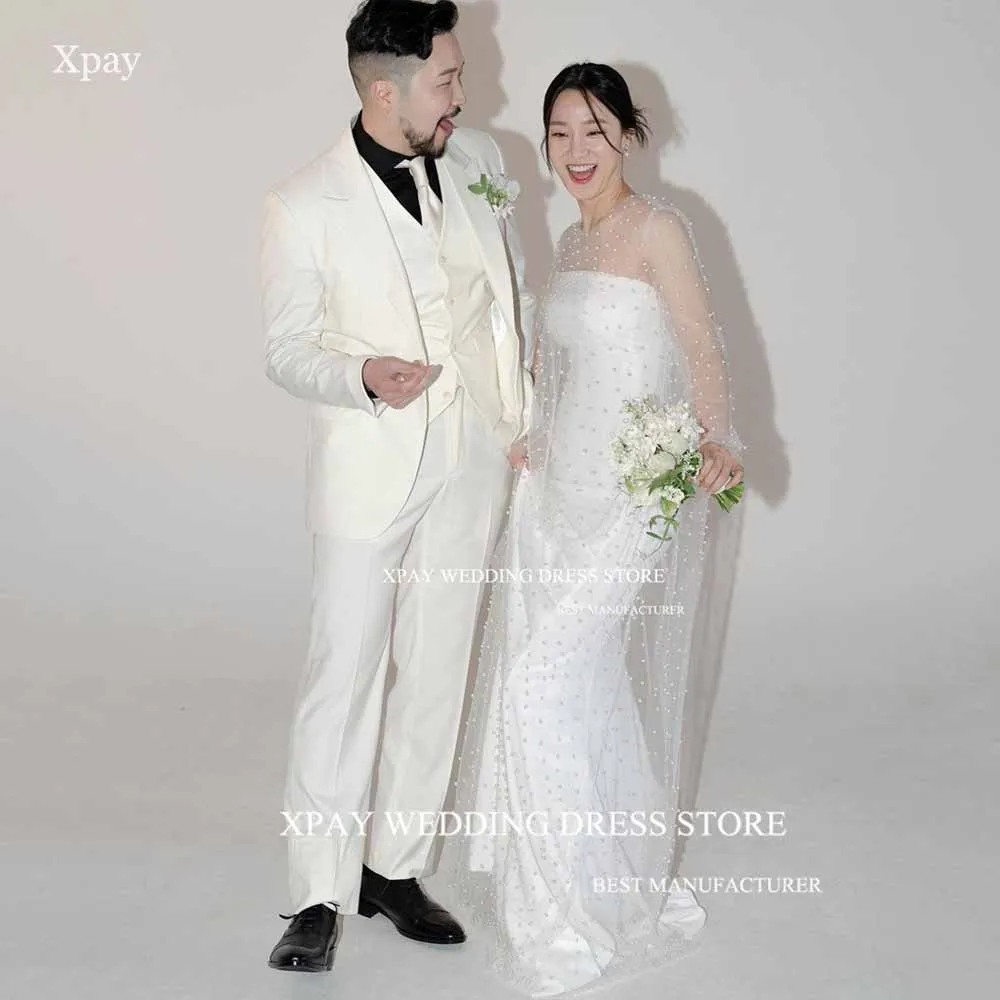 

XPAY Elgant Mermaid Wedding Dresses Korea Strapless With Pearls Long Shirt Vintage Bridal Gown Photos Shoot Custom Bride Dress