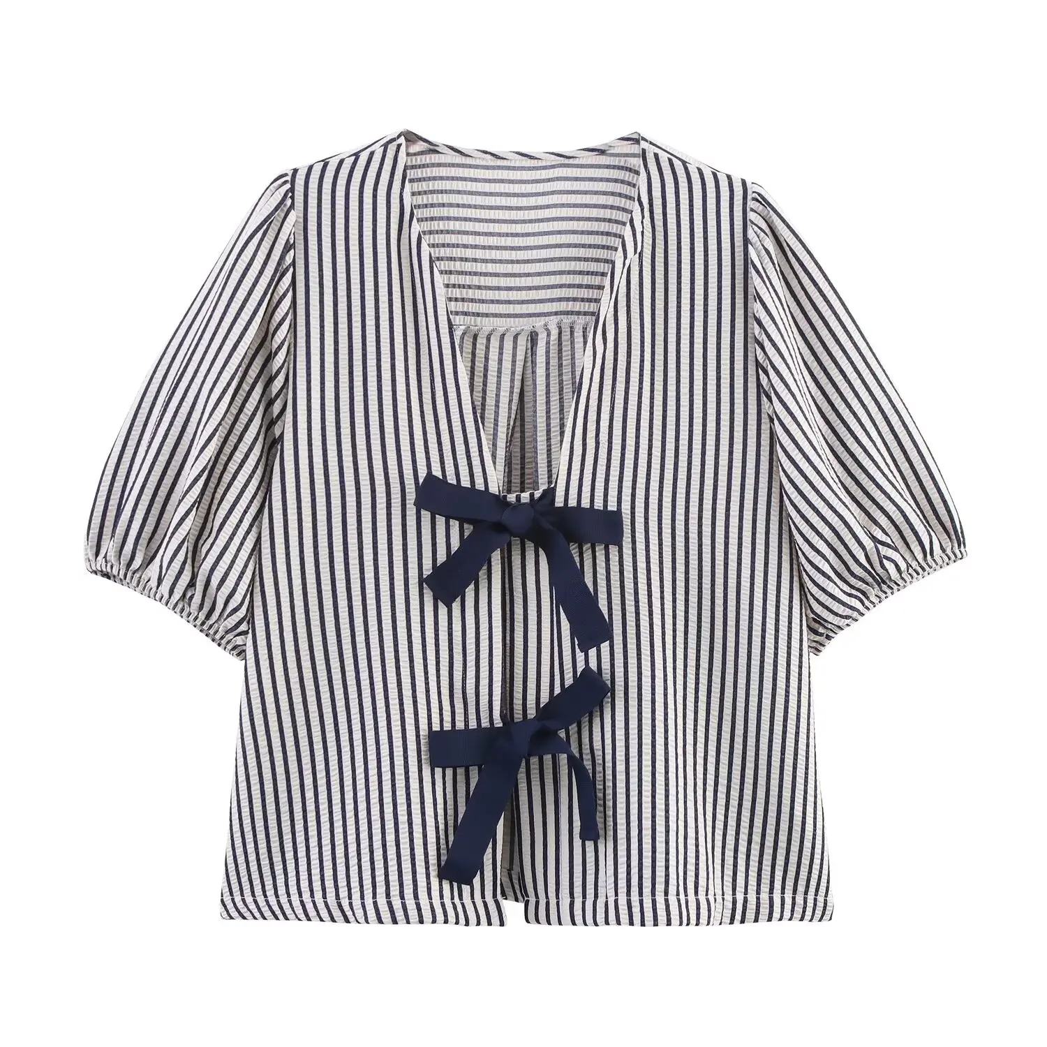 

Casual Stripe irt with Bow Decor ort Sve Women's Top Commute Sle Loose Fit UV Protection V-Ne Polyester Fiber
