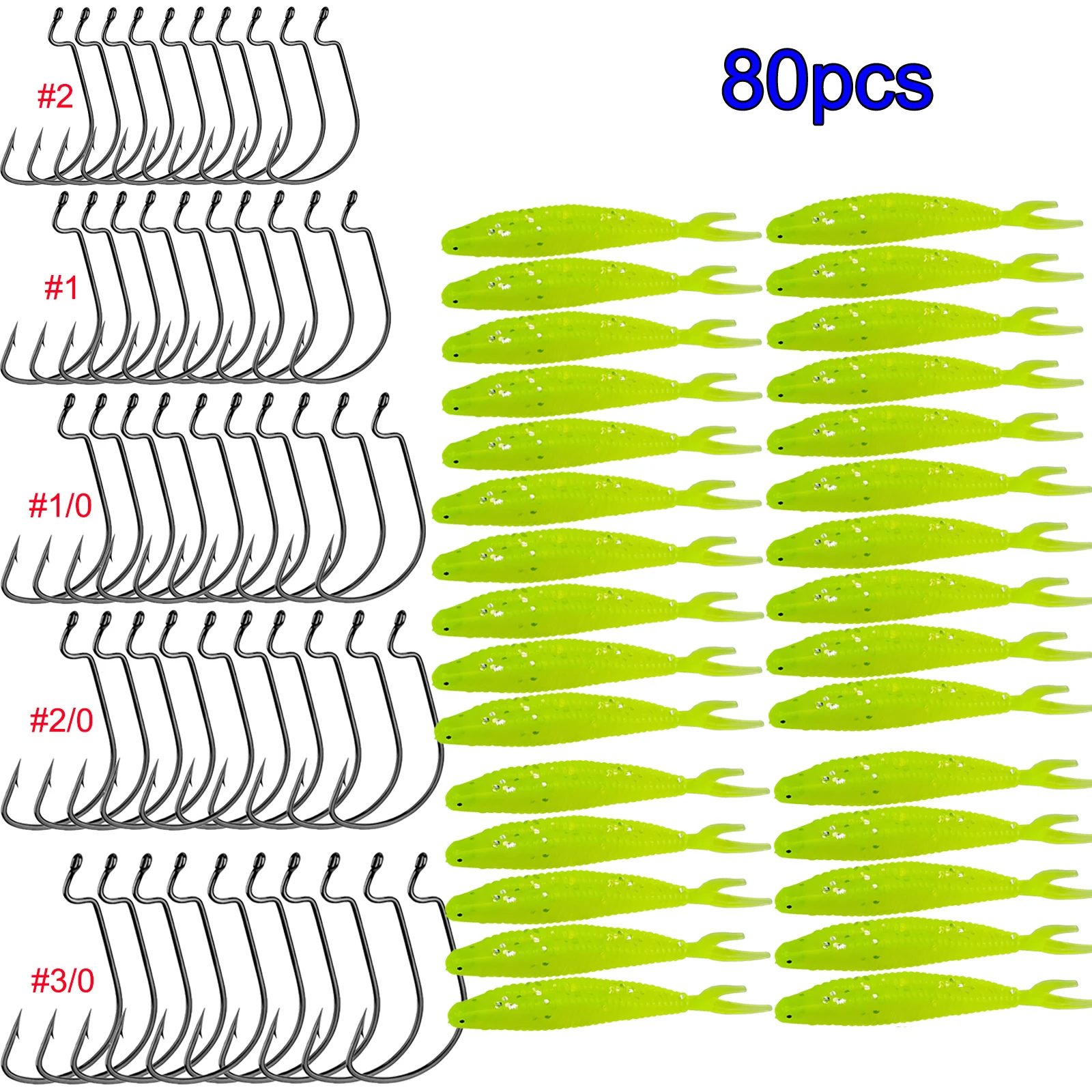 

80pcs Glow Soft Lures Hooks Kit 60mm Silicone Fishing Lure Worms Fork Tail Artificial Baits #2-#3/0 Wide Crank Fishhooks Set