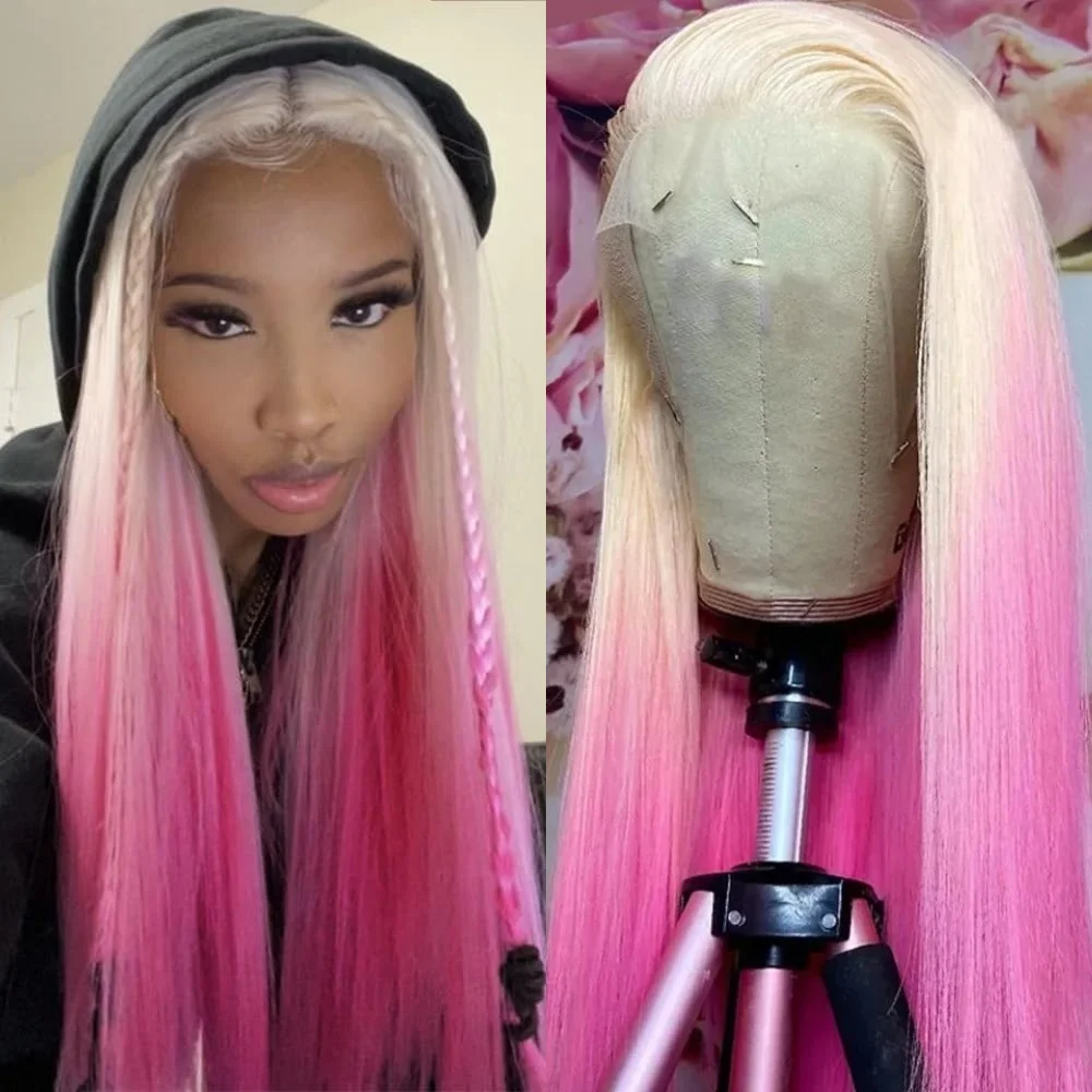 

Pink Straight Synthetic Hair Lace Wig Platinum Roots Ombre Pink Color Lace Front Pre Plucked Heat Resistant Wigs Daily Pink Hair