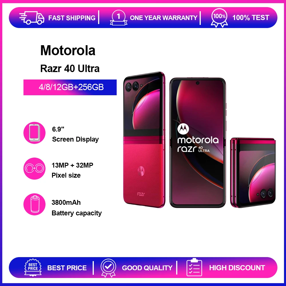 هاتف محمول أصلي Motorola Razr 40 Ultra XT2321 5G بشاشة 6.9 قابلة للطي LTPO AMOLED وشاشة 256 جيجابايت وذاكرة قراءة فقط 4 جيجابايت وبصمة الإصبع للهاتف المحمول