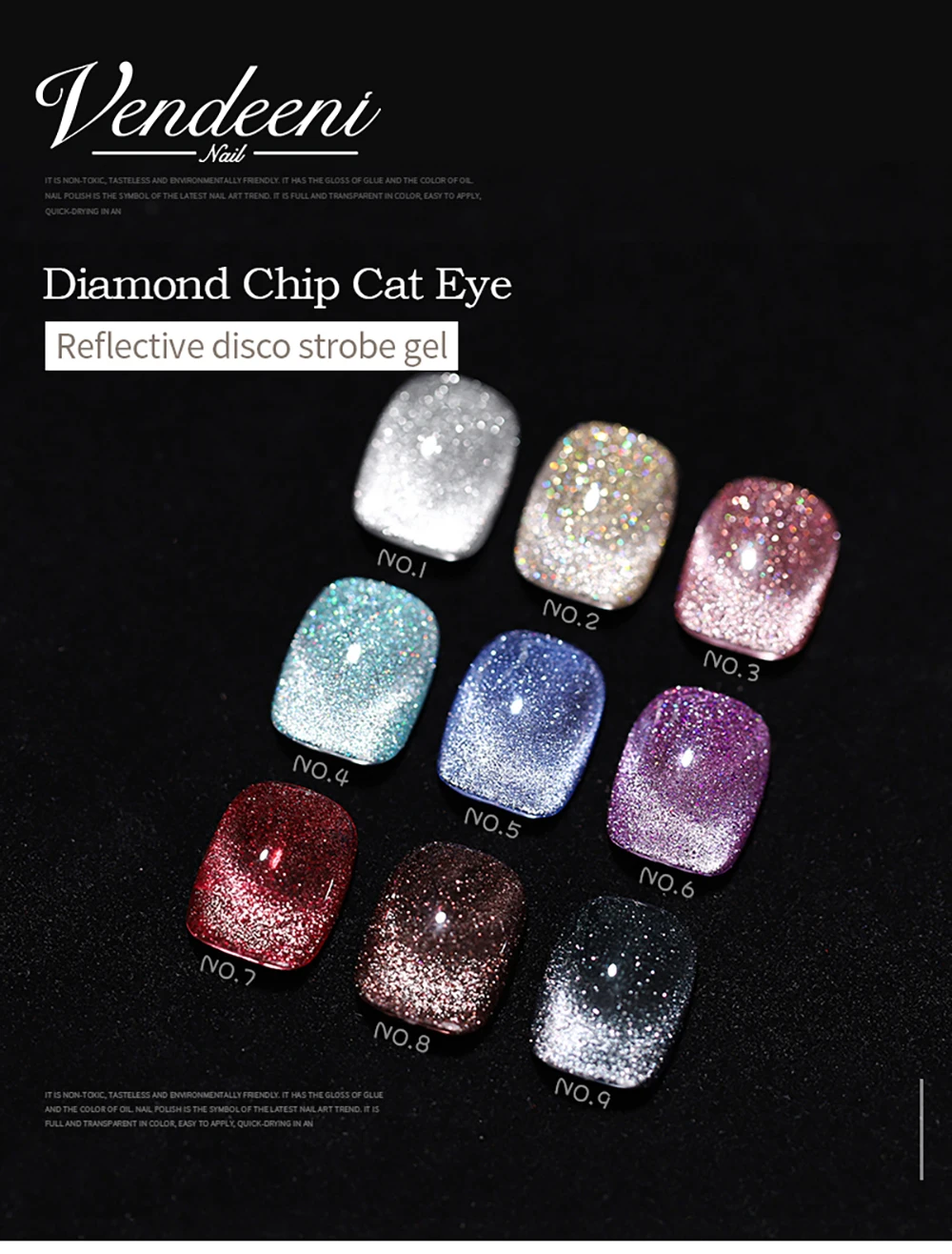 Vendeeni 9 Farben/Set Glitzer-Brochen-Diamant-Katzenaugen-Gel-Nagellack TPO FREE Laser-Magnetischer UV-LED-Gel-Lack mit Display – Detail 5