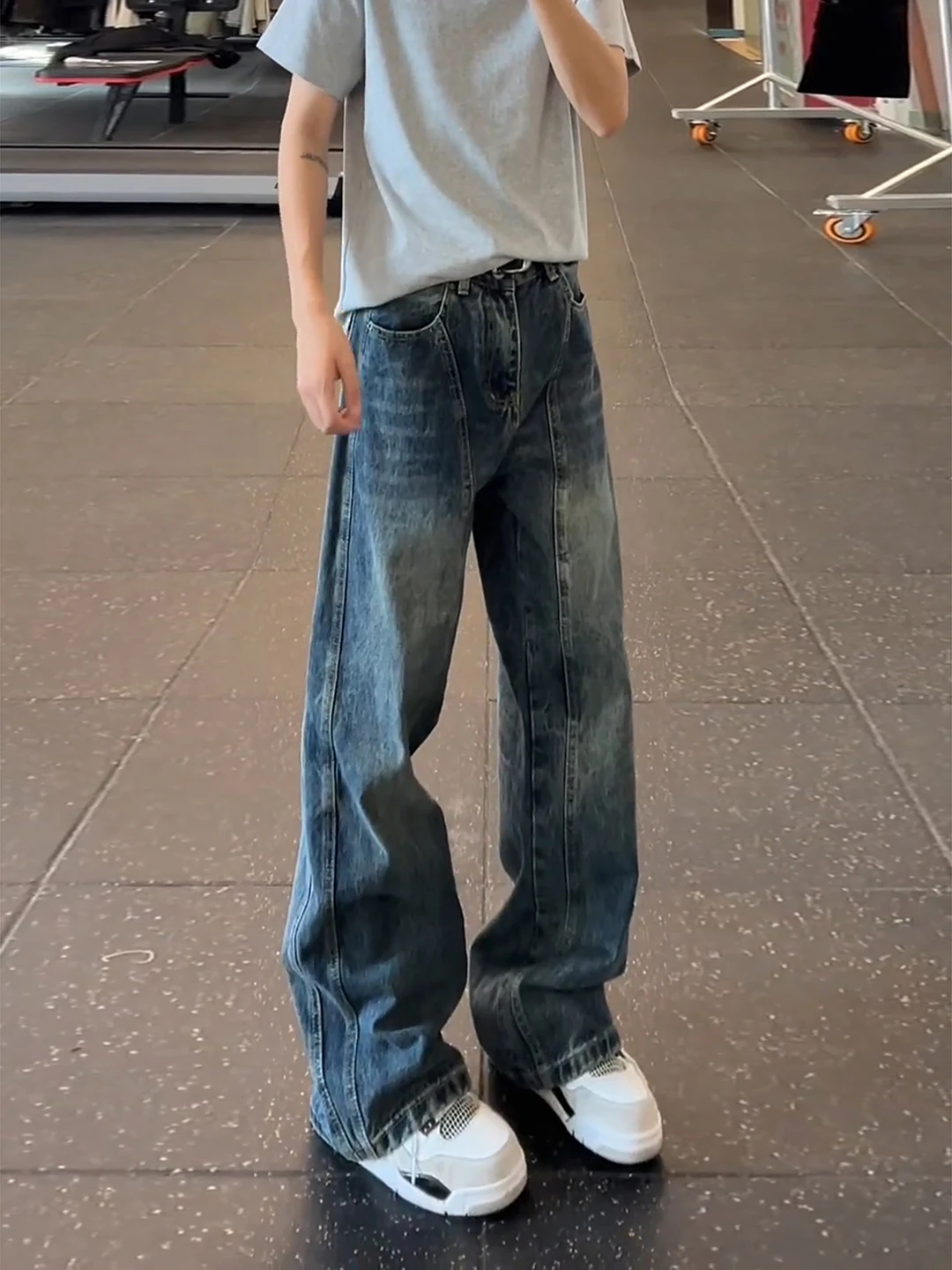 

Retro Washed American Cleanfit Bell Bottom Jeans Men's Casual Patchwork Straight Leg Denim Pants Youth Trend Autumn Wear
