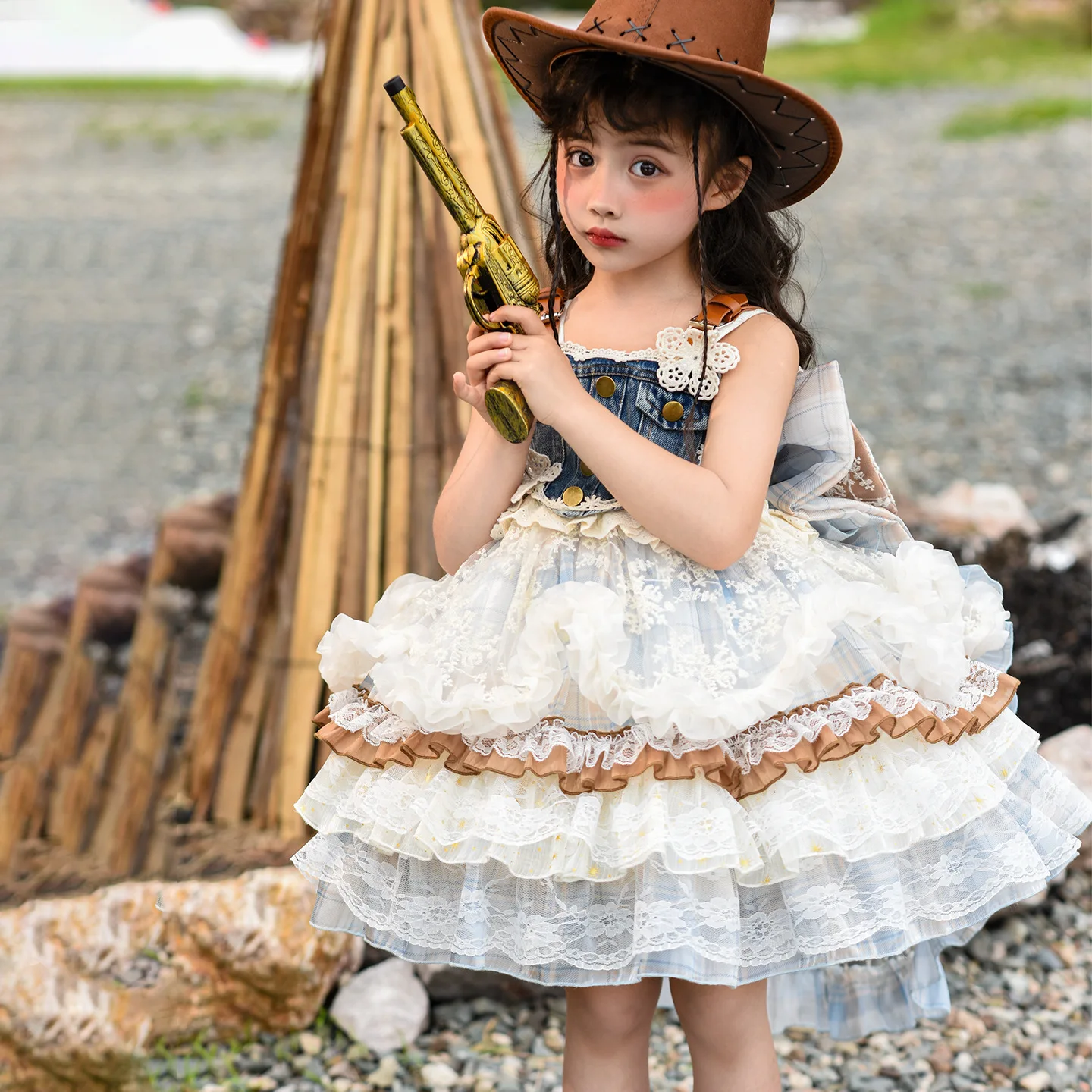 Girls Princess Summer New Cake Children's Denim Love Lolita High-end Fluffy Birthday Dress