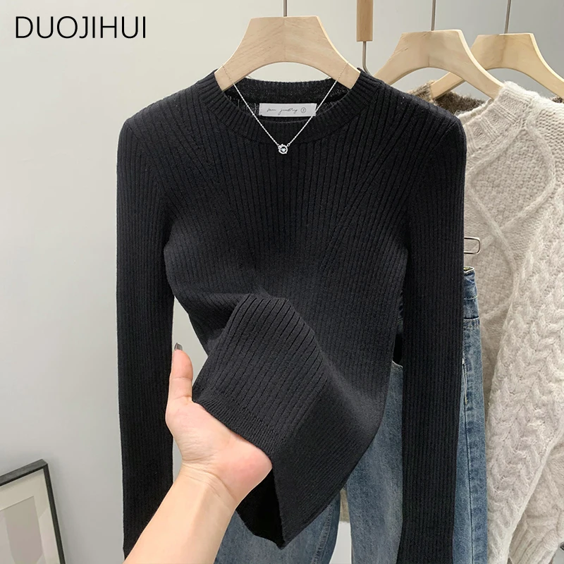 DUOJIHUI Korean Black Classic Striped Slim Knitted Female Pullovers Basic O-neck Simple Long Sleeve Fashion S-L Women Pullovers