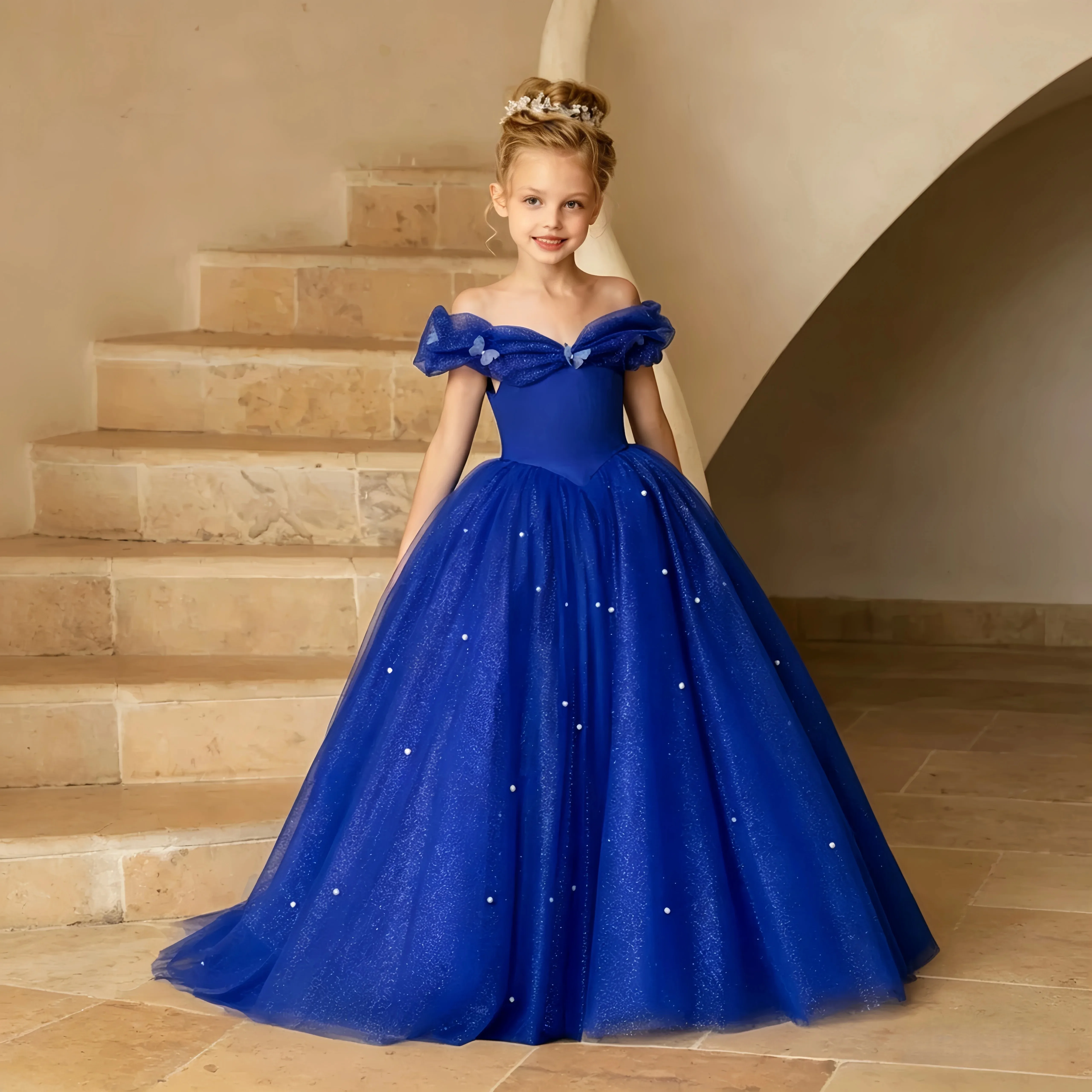 Wedding Flower Girl Dresses Off-shoulder Tulle Dresses for Girls, Pearl Embellished Evening Gowns, Birthday Prom Dresses,