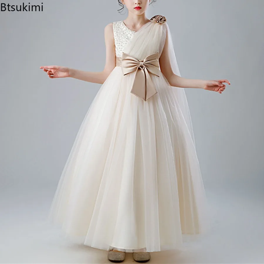 Summer New Shiny Toddler Little Big Girls Crystal Bowknot 3D Flower Children Girl Birthday Party Formal Evening Dance Party Gown