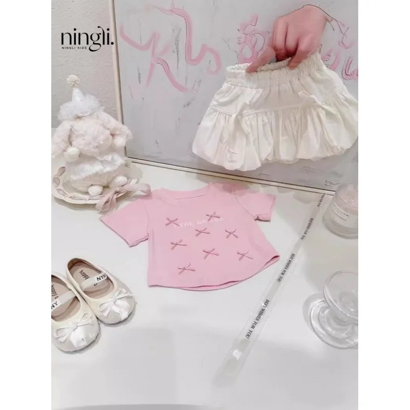 

Girls' Short-Sleeved Suit Small Bowknot Baby GirlTT-shirt Ballet Style Princess Top Flower Bud Skirt Two-Piece Set