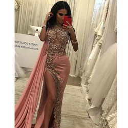 New Design Pink Evening Dresses Fashion Beads Robe De Soiree Appliques Side Split Prom Gowns One Shoulder Formal Party Dress