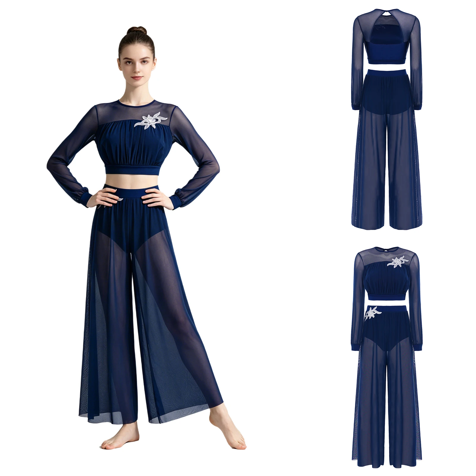 Women Modern Lyrical Dance Outfit Sequin Applique Crop Top with Pants Built-in Briefs Skating Gymnastics Acrobatics Costume