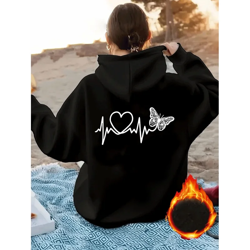 Women's Heartbeat Butterfly Print Hoodie Casual Long Sleeve Fleece Hooded Sweatshirt Dark Gray
