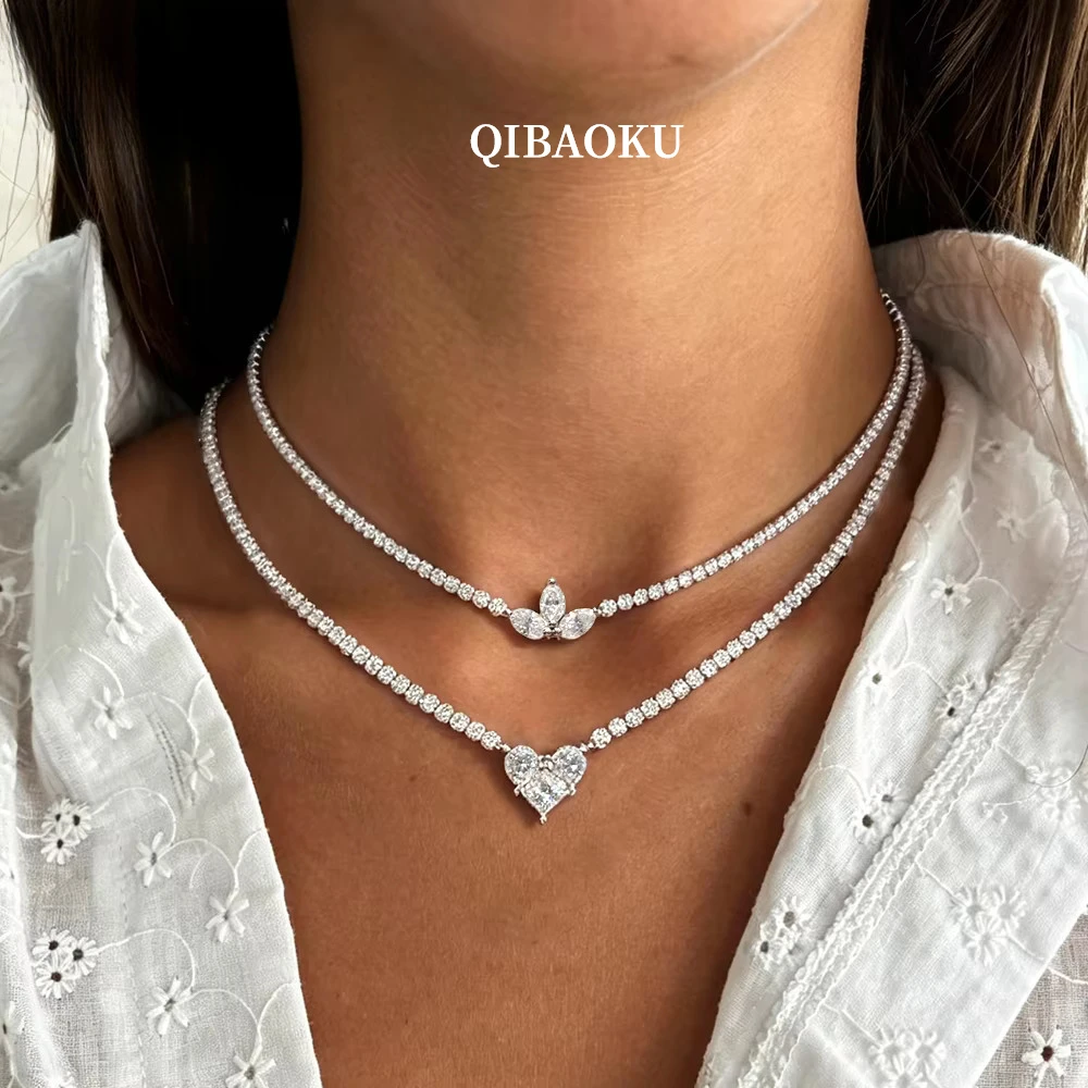 QIBAOKU Moissanite Choker Tennis Necklace Pure S925 Silver Leaf&Heart Shape Diamond Chain for Women Wedding Gifts Jewelry 2026
