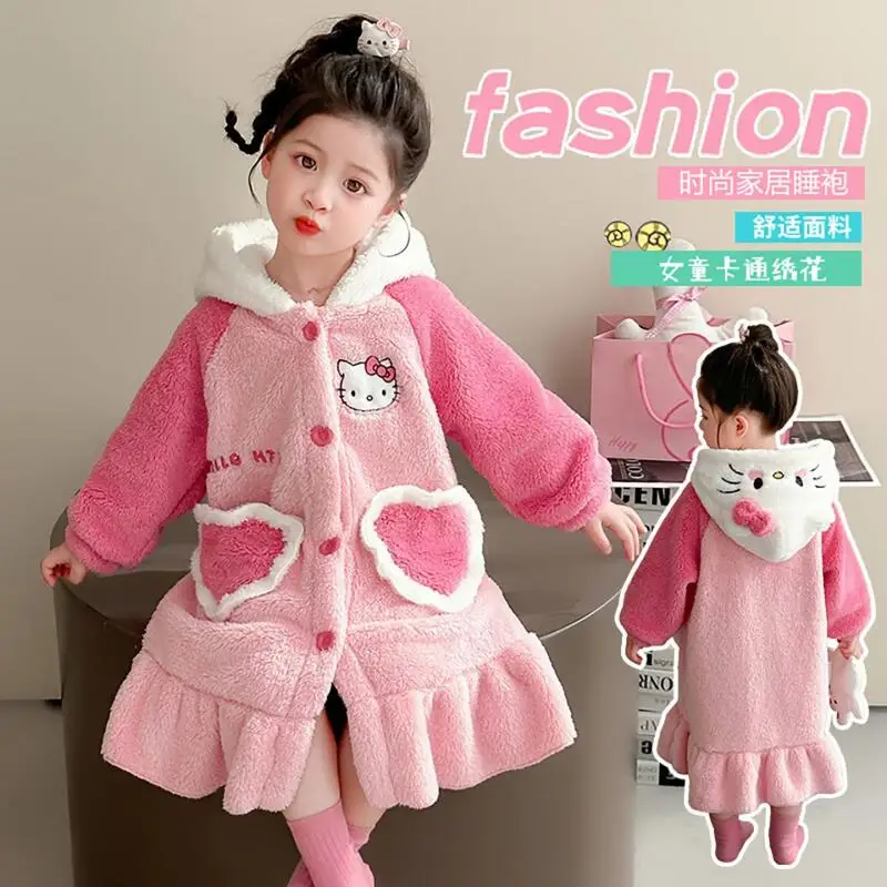 

Sanrio Hello Kitty фланелевой халат, утолщенный мультяшный осенне-зимний халат для девочек, детская домашняя одежда для дома, кавайная милая теплая одежда для сна