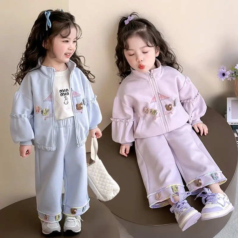

Spring Autumn Fashion Kid Cotton Cute Baby Girls 2pcs Sets Thick Cartoon Bear Coat Jacket + Loose Pants Party Clothes Suit