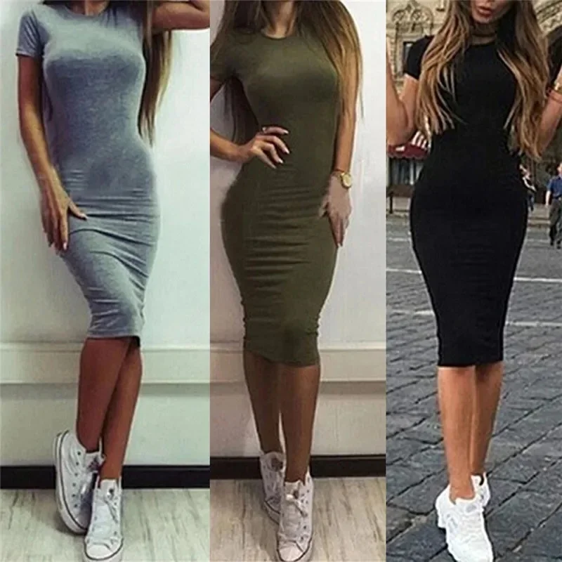 Summer Women Dresses Knee-Length Shinny Casual Short Sleeve Bandage Bodycon Sheath Dress Vestidos