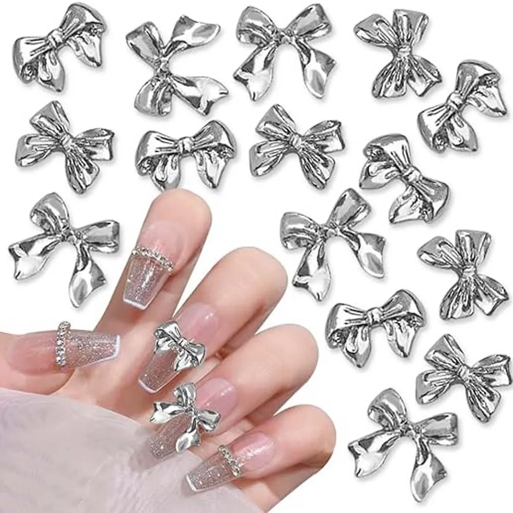 20pcs Y2K Silver Alloy Ribbon Nail Art Charm 3D Kawaii Long Ribbon Bowknot Ladies Nail Decoration DIY Luxury Nail Accessories