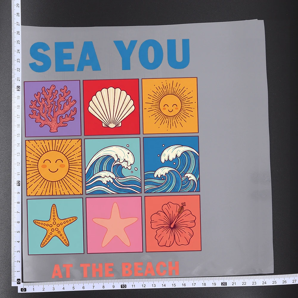 25CM Sunshine Shell Life's A Beach Transfer Patches For Clothes Stickers DIY A-Level Washable Shirt Iron-on Thermal Stickers