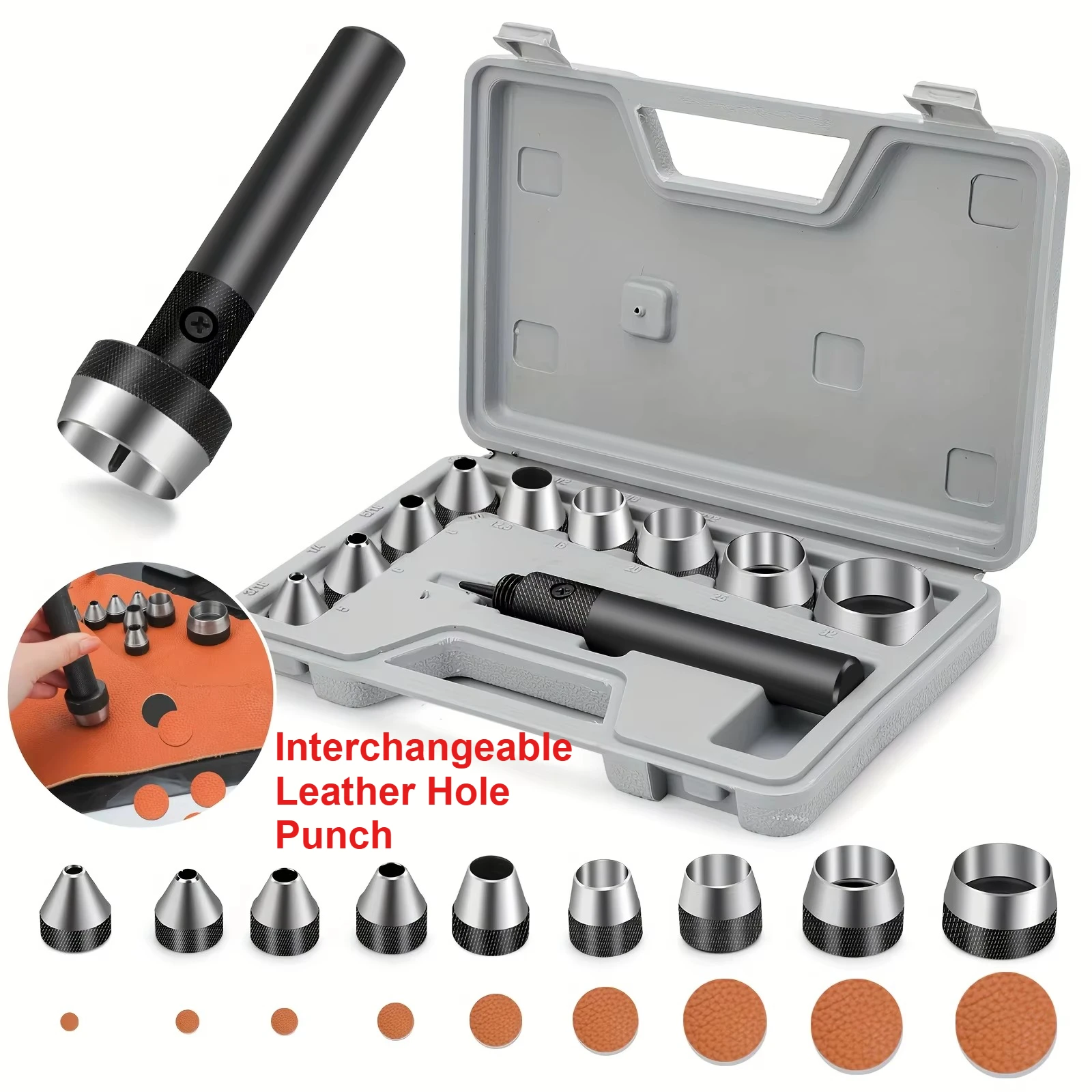 

Набор круглых дыроколов 10в1, сверхмощный инструмент для отверстий из искусственной кожи с ручкой для кошельков, ремней, холста 5-32 мм для поделок, вентиляторов «сделай сам»