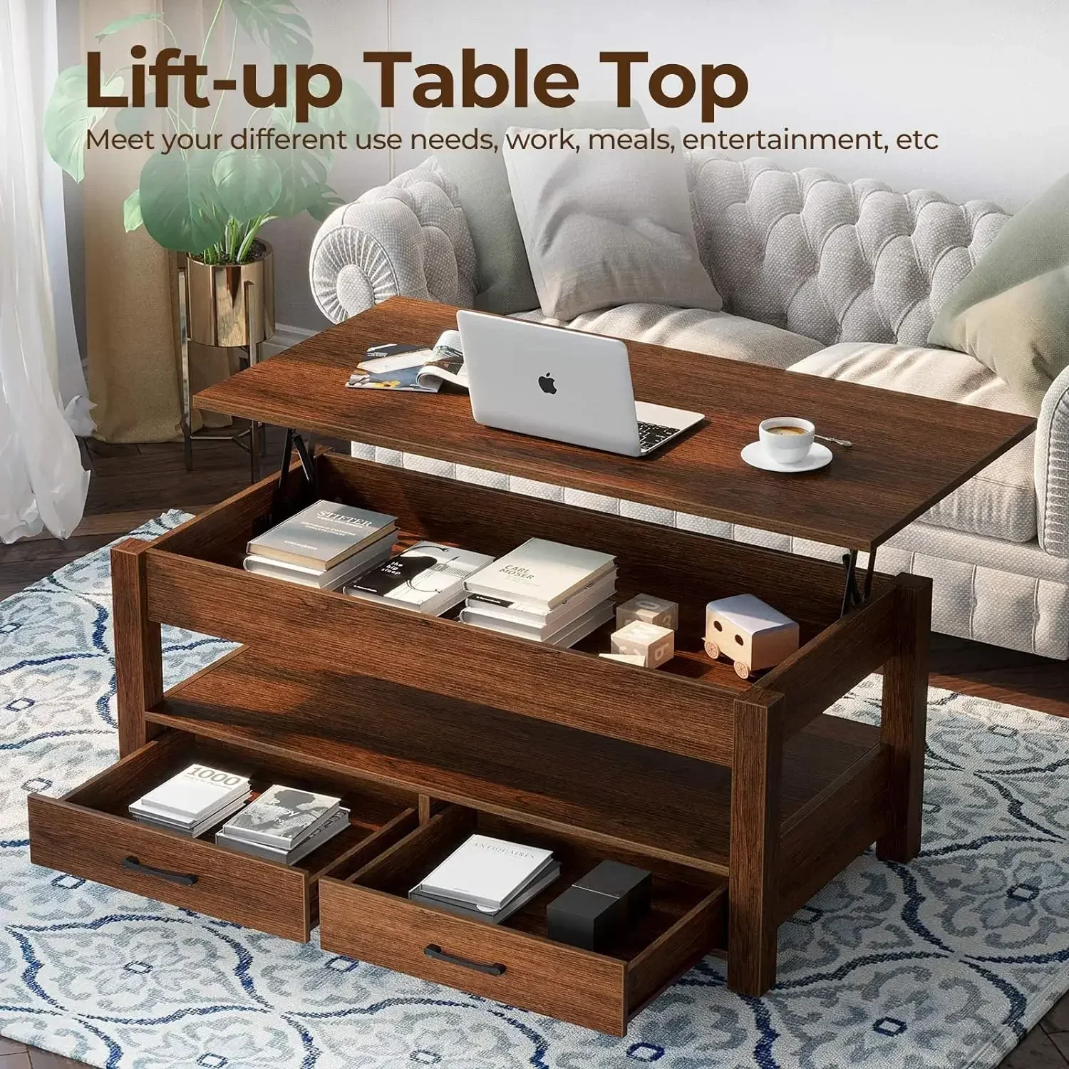 Lift Top Coffee Table with Drawers and Hidden Compartment, Retro Central   Wooden  top