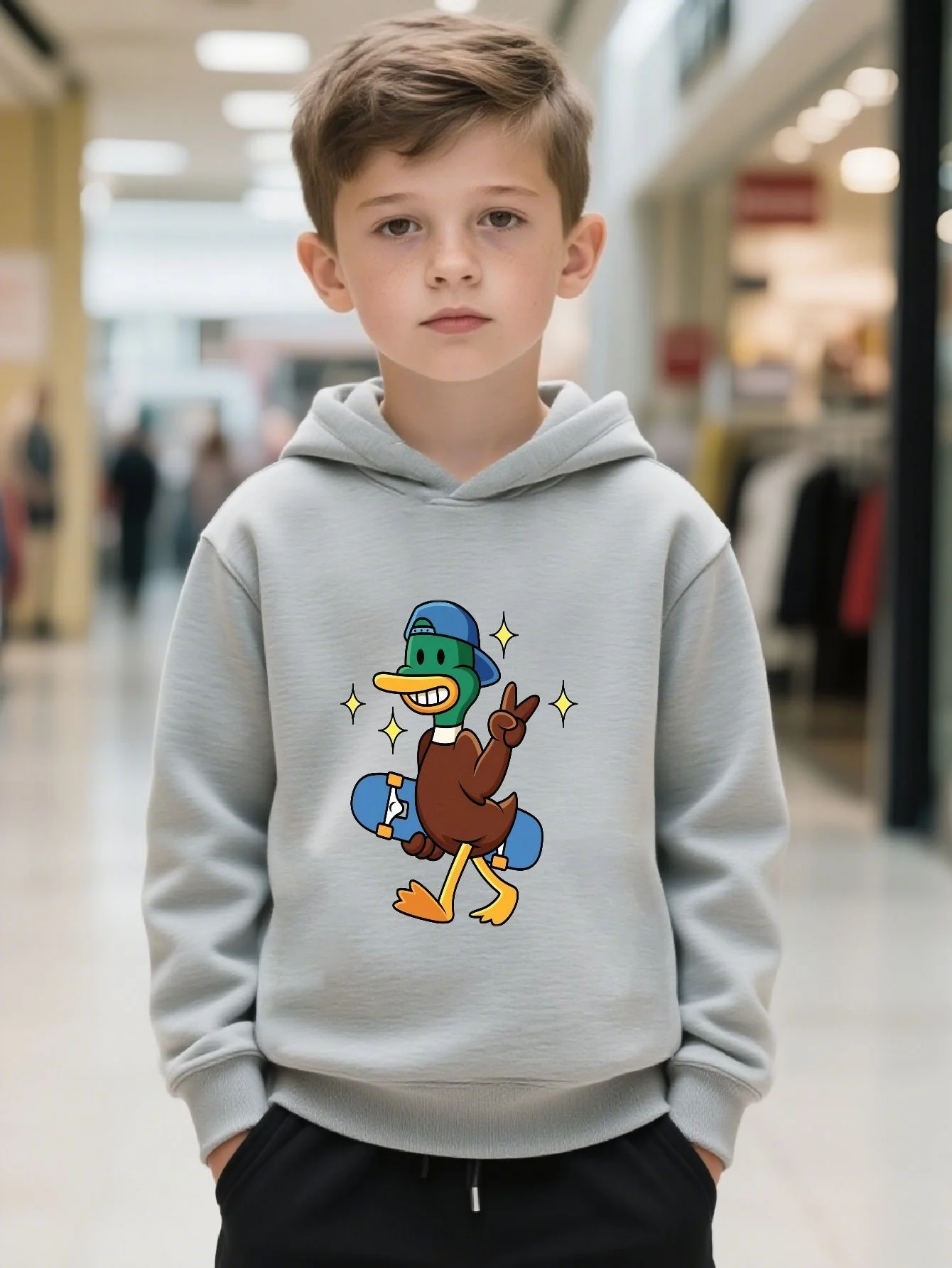 Cool skateboard duckhooded sweatshirt for boys featuring fun cartoon prints soft and skin-friendly material trendy and versatile