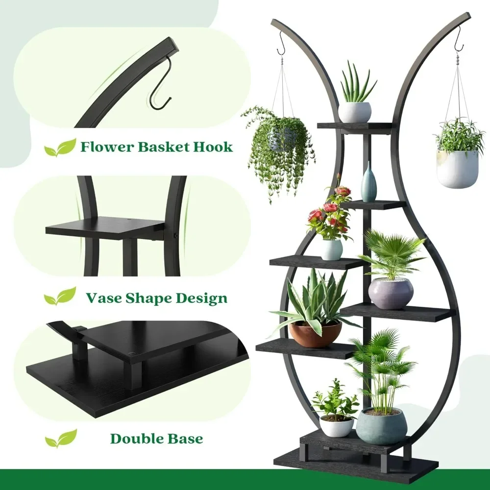 6 Tier Tall Plant Stand Indoor, Vase-Shape Metal Plant Shelf with Hanging Hook, Multiple Planter Display, Plant Shelves