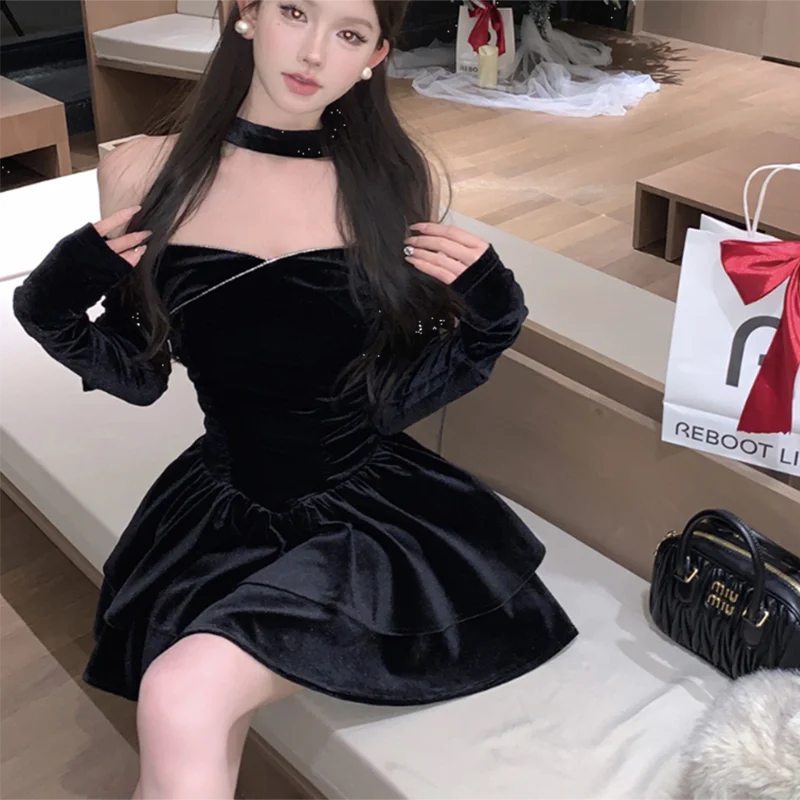 Slash neck veludo preto vestido preppy manga longa princesa magro em camadas vestido sexy sem alças aniversário festa de natal vestidos