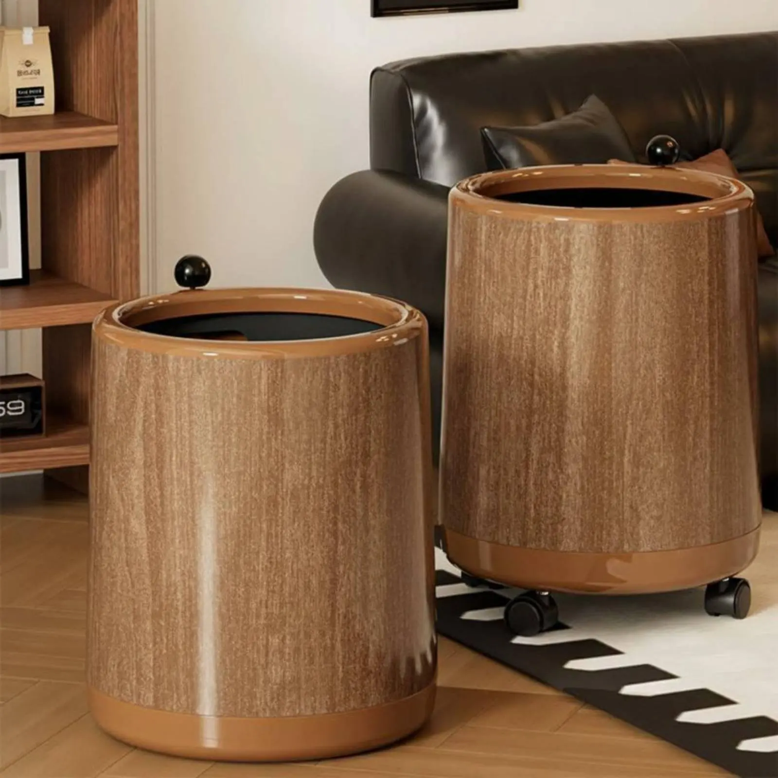 Wood Grain Trash Can Large Capacity Rolling Trash Bin Lidded Waste Basket Movable Household Storage Space Saving for Living Room