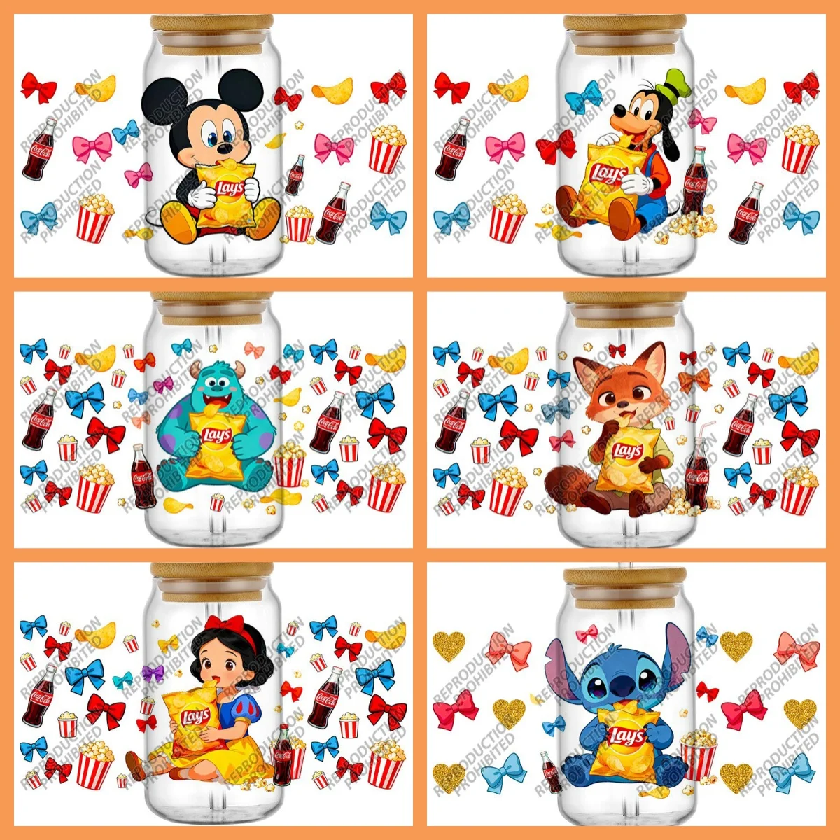 

Новая мультяшная принцесса картофельные чипсы 3D наклейка УФ DTF чашка обертывания для 16 унций водонепроницаемая переводная наклейка очки кружка DIY мультяшная наклейка