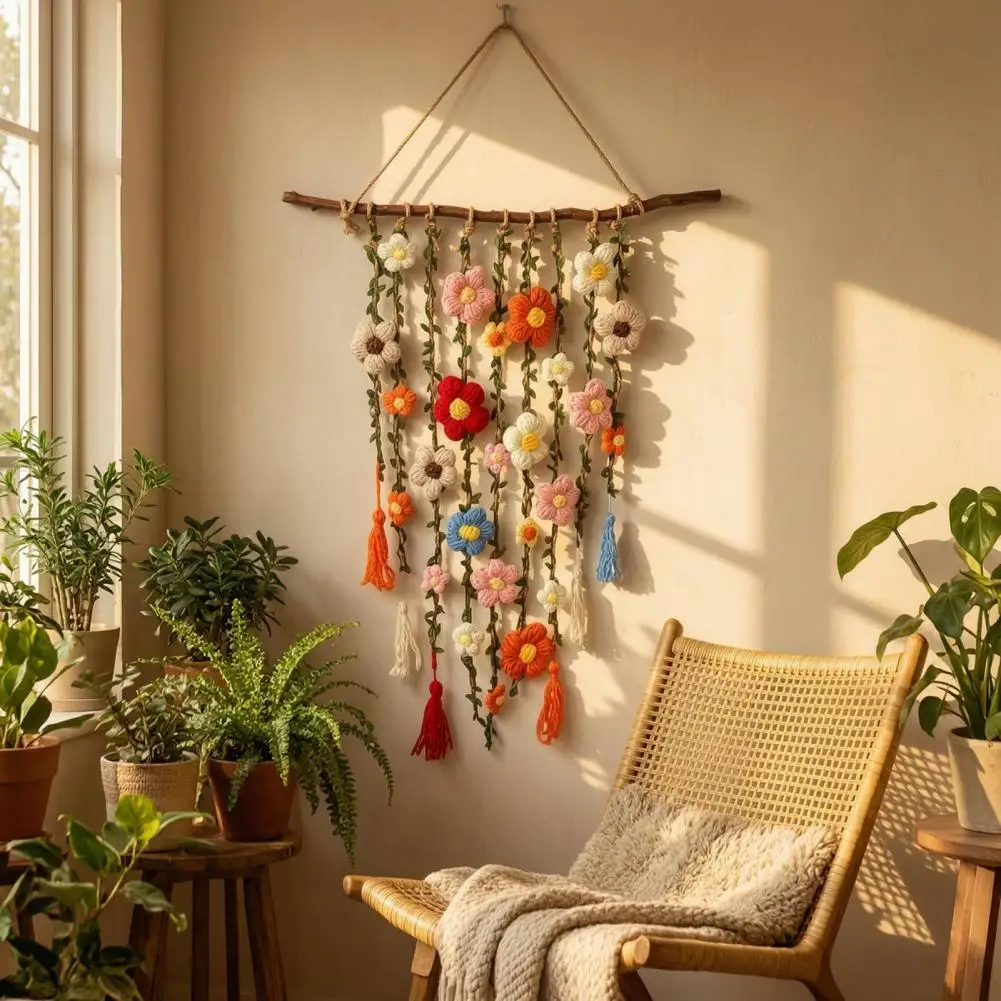 Soft Yarn Wall Decor Bohemian Crochet Flower Wall Hanging Handmade Tassel Tapestry Decor Wooden Stick Boho Room Bedroom Art