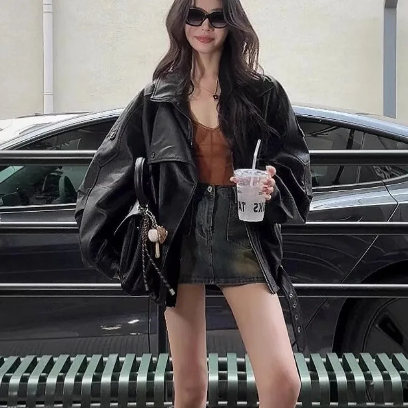 

Retro Motorcycle Lapel Pu Leather Jacket Women's Cool Spring Autumn New Top Coats