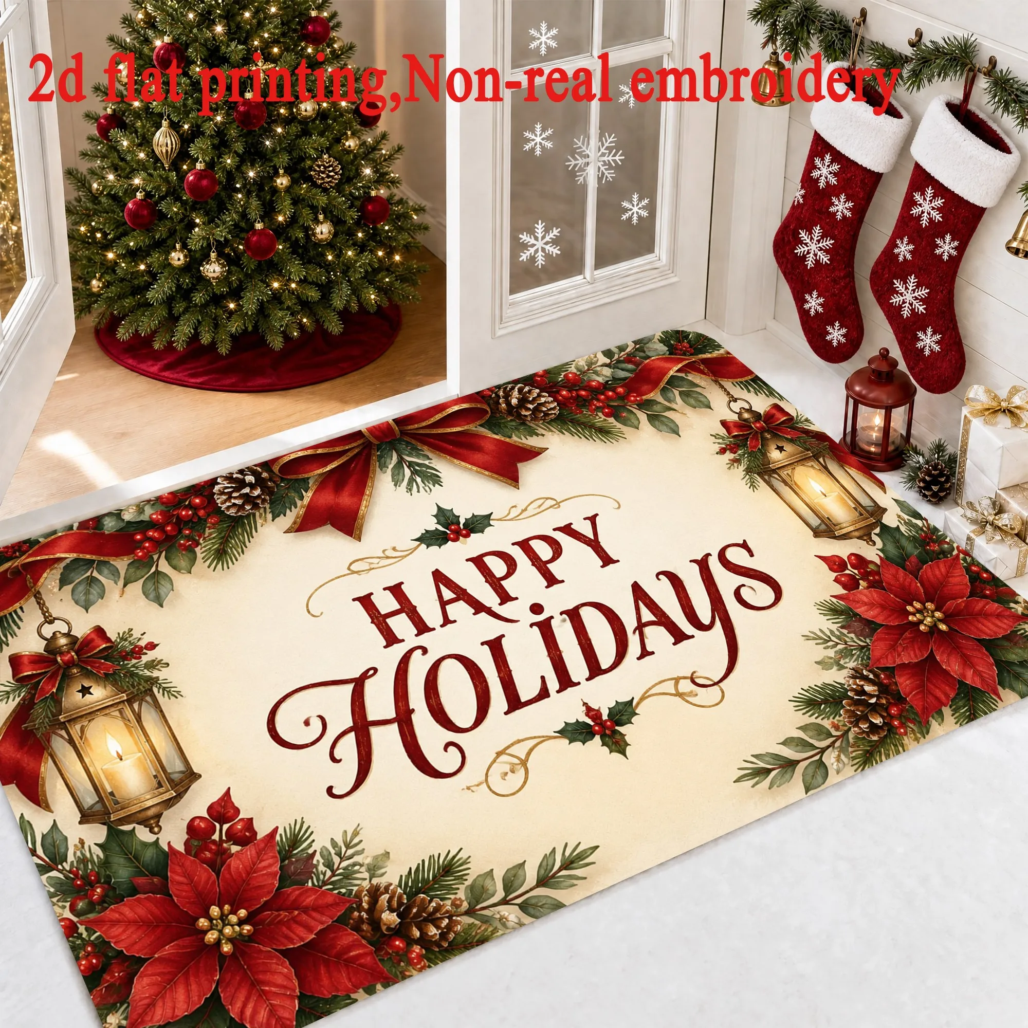 Seasonal Happy Holidays Christmas Doormat 2D Flat Print Poinsettia Pinecone Lantern Theme Porch Entry Display Mat