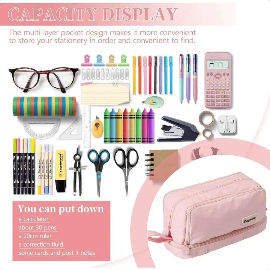ピンクの大容量ペンケース、4つのコンパートメント付き、ジッパーと持ち手付き、ティーンや大人向けの美的ペンバッグ