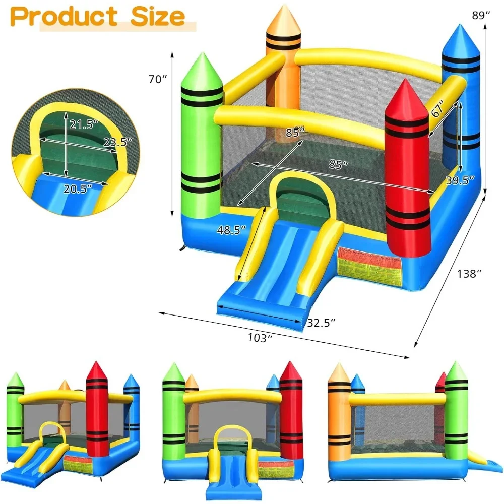 Inflatable Bounce House, Crayon Bouncy House for Kids 5-12 Ages Indoor Outdoor Party Fun with Large Jumping Area, Mesh Walls