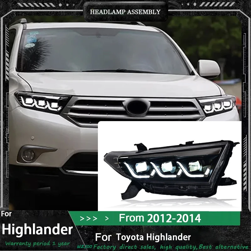 Car Head Lamp Assembly for Highlander Kluger 2012-2014 LED Auto Headlight Upgrade Projector Three Lens Dynamic Light Accessories