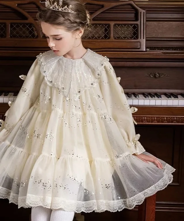 Girls Spring and Autumn Dress 2025 New Children Long Sleeved Sequin Dress Girls High End Mesh Princess Dress