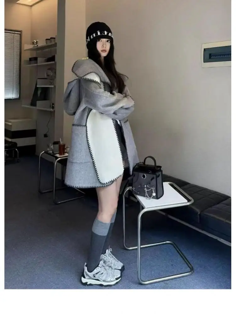 Abnehmbarer Schalkragen, Bürodame, Wolljacke, 2025, Herbst und Winter, lockere Kapuze, kurze Damenmäntel aus 100 % Wolle