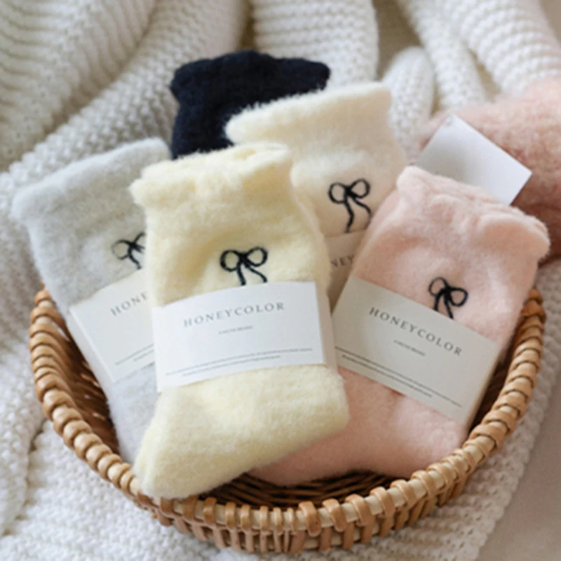 5 أزواج لطيف القوس المنك المخملية الجوارب المرجان للنساء الفتيات الخريف والشتاء مرونة رشاقته الحرارية النوم أفخم شعر الجوارب #6