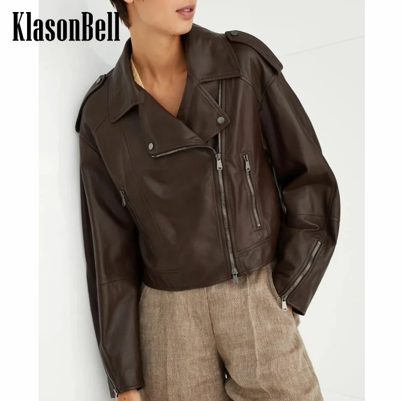 

7.30 KlasonBell Women Clothes Temperament Drop-shoulder Sleeve Short Jacket Turn-down Collar Zipper Sheepskin Outerwear