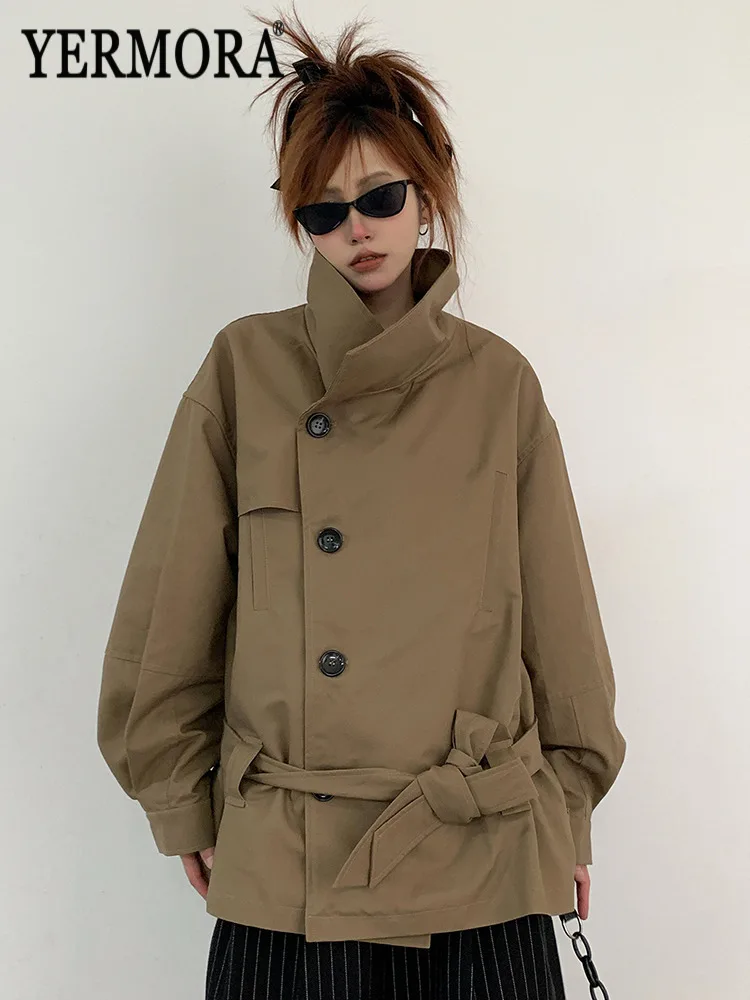 

YERMORA Khaki Button Belt Casual Short Trench Coat For Women Lapel Long Sleeve Loose New Windbreaker Fashion Tide Autumn 2025