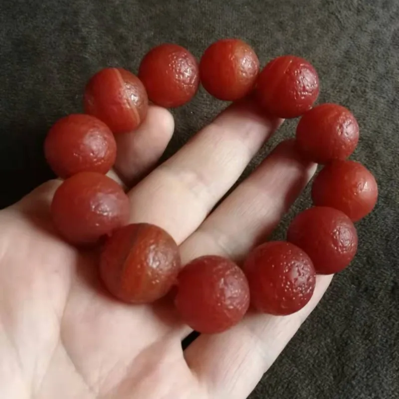 Mens Boho Mala Bracelet Vintage Matte Red Agate Round Large Weathered Surface Beaded Bracelet - view 2