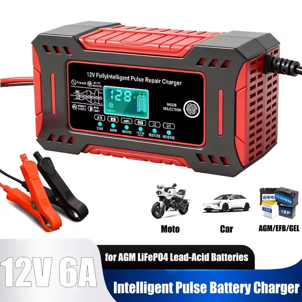 12V 6A Car Battery Charger 14.6V 6A Digital Display Electric Motorcycles Charger For LiFePO4 Lead Acid AGM Smart Battery Repair