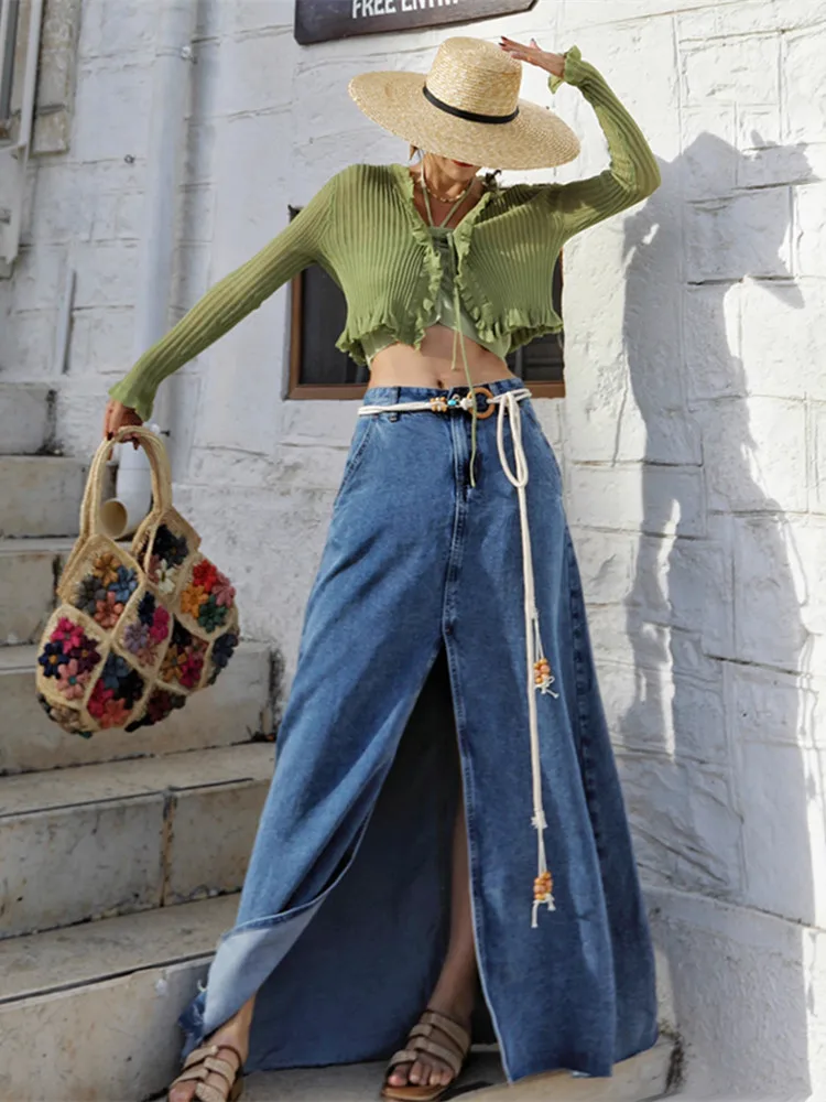 

66-74cm Spring Summer Blue Long Skirts For Women Elegant American Retro Washed Frayed Sexy Front Slit High Waisted Denim Skirt