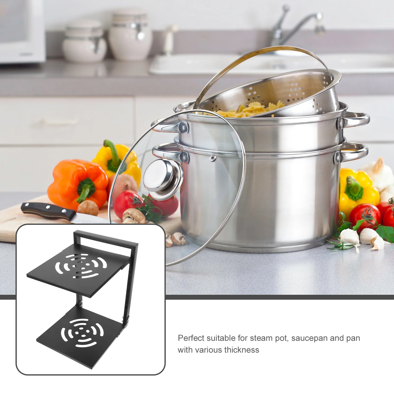 

Double-Layer Pot Rack Compact Countertop Storage Shelf For Pans Pots Metal Kitchen Organizer Corner Stand Multi-Function