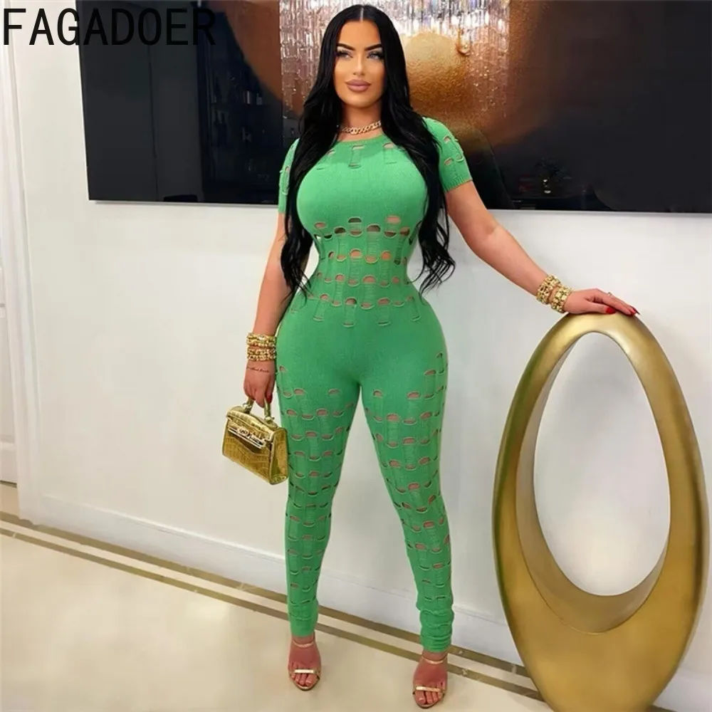 FAGADOER Sexy Solid Color Hollow Out Backless Bodycon Jumpsuits Women Round Neck Long Sleeve Slim Playsuits Fashion Hole Overall